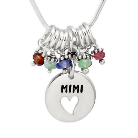 Silver Grandma Heart Disc Necklace with birthstones, personalized with hand stamped Mimi, shown on white close up