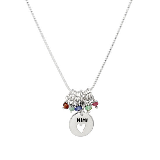 Silver Grandma Heart Disc Necklace with birthstones, shown on white