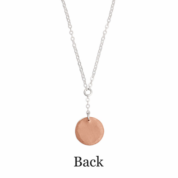 Hammered Copper & Silver Necklace with hand stamped name, shown from back