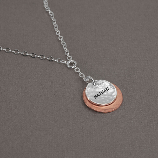 Hammered Copper & Silver Necklace with hand stamped name, shown from the side