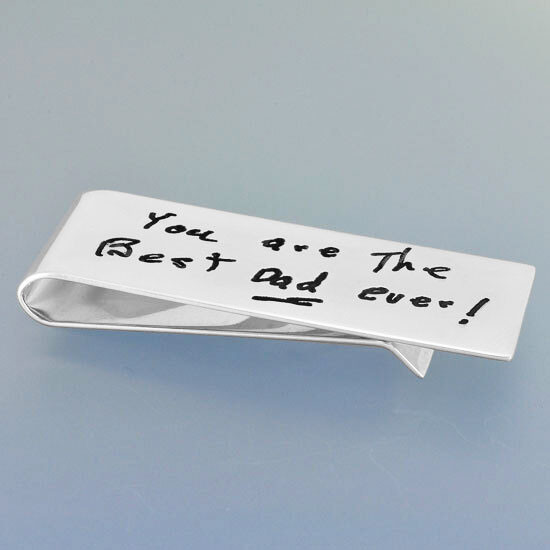 Side view of silver personalized Handwriting/Artwork Money Clip Father's Day gift engraved with handwritten note to Dad