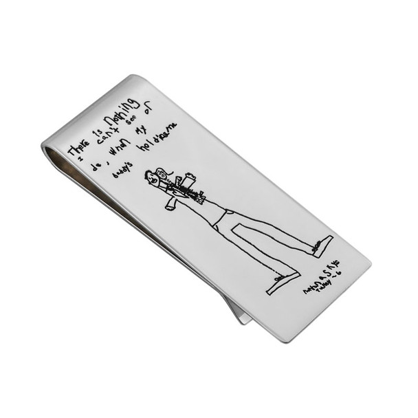 Fathers Day gift. Personalized sterling silver handwriting money clip, engraved with child's drawing of the dad & a handwritten note