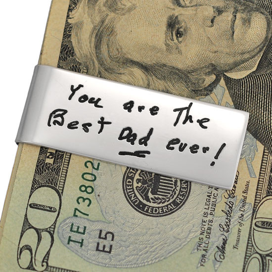 Personalized sterling silver handwriting money clip for Dad, engraved with note from child, shown on money
