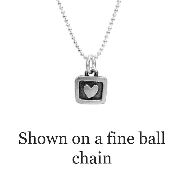 Silver Heart in a Square Charm, shown on a fine ball silver chain