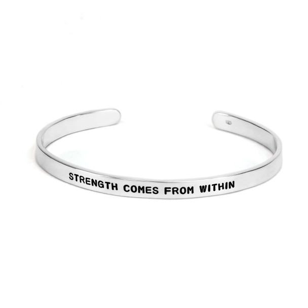 Personalized sterling silver Inspiration Cuff bracelet, hand stamped with your custom message or names, shown on white