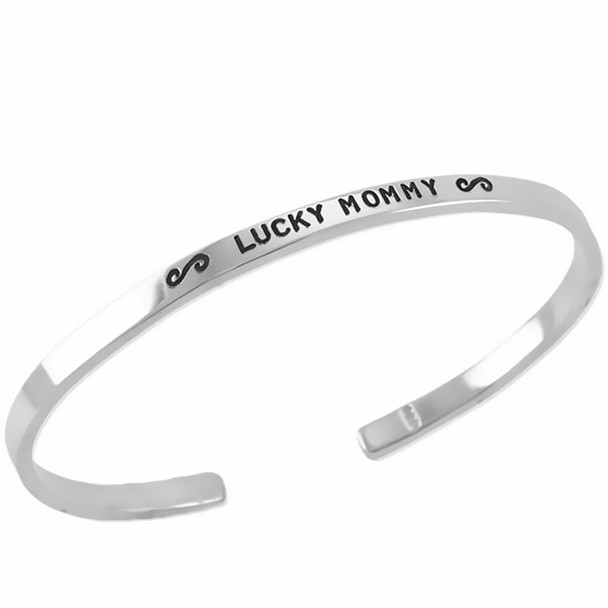 Personalized sterling silver Inspiration Cuff bracelet, hand stamped with your custom message or names, shown on white, with Lucky Mommy