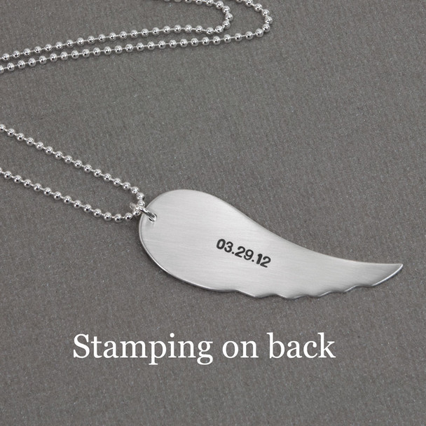 Large Handwriting Memorial Charm Angel Wing in silver, shown close up, with optional hand stamped date on the back