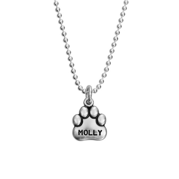 Large Sterling Paw Charm with name Molly stamped on it, shown on sterling silver chain