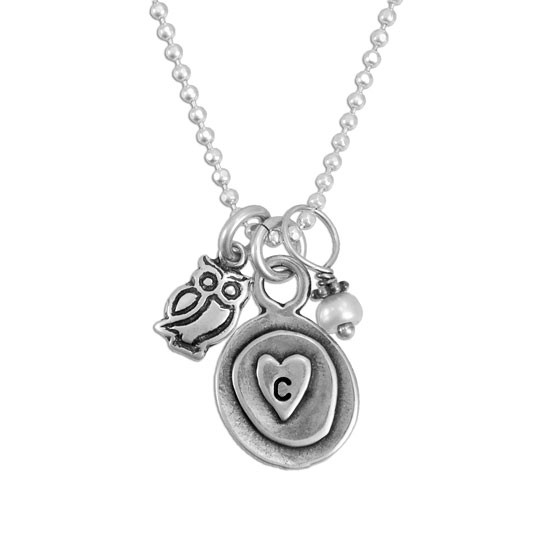 Silver charm initial necklace, with a heart, pearl and owl charm