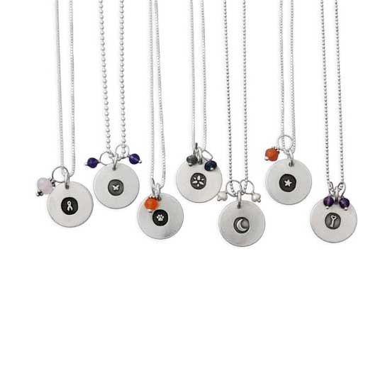 Many Silver Matte Symbol Disc Necklace with Different symbols and different stones