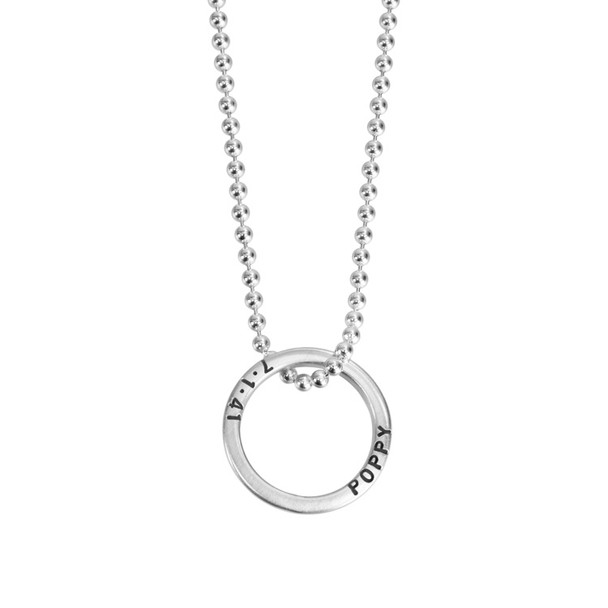 Wide view of custom silver Mini Forever Love Circle Necklace, personalized with Poppy's name and birthdate
