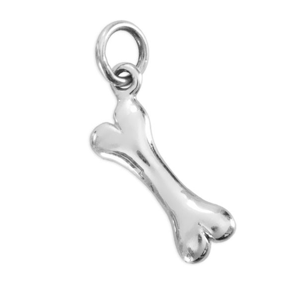 Silver Puffed Bone Charm to add to a necklace or charm bracelet, shown close up on white