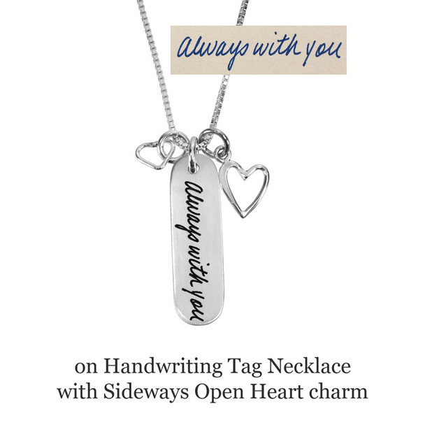 Custom Silver Memorial Handwriting Mom Tag Necklace, personalized with mom's handwritten note, with silver Small Heart Loop charm & silver Sideways Open Heart charm, shown with original handwriting