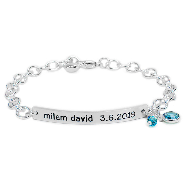 Hand stamped ID Bracelet for mom, made from sterling silver, shown with birthstone on white