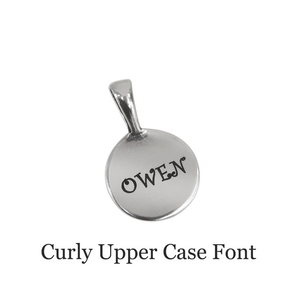 Personalized Sterling Circles of Affection, custom hand stamped silver charms with child's name, shown close up on white with curly upper case font
