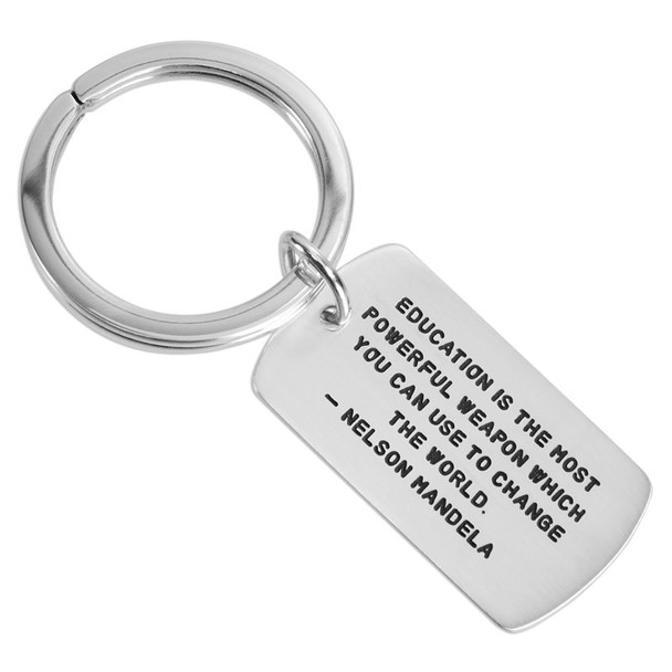 Custom silver military tag key chain personalized with inspirational passage, shown on white
