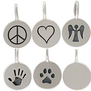 6 Sterling Silver Symbol Disc Charms to add to personalized necklaces, showing a peace sign, a heart, an angel, a hand, a pawprint, and a blank charm