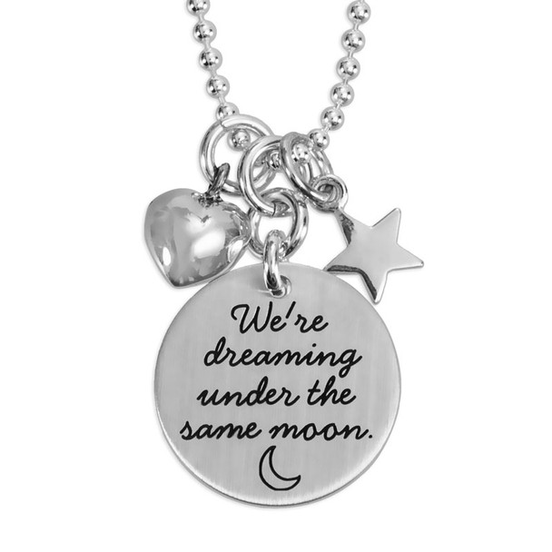 Stamped Under the Same Moon Necklace, with silver heart and star charms on silver chain