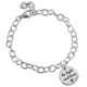 custom Your Saying On A Bracelet in sterling silver, personalized with message "Be Light and Love" stamped on the charm, shown on white