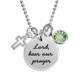 Custom sterling silver Your Saying On A Necklace with 5/8" disc,  personalized with stamped message, "Lord, hear our prayer", shown with Classic Swarovski Birthstone & Sterling Silver Cross with Cut-Out charm