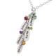 Custom Sterling Silver Cascade Necklace with birthstones, personalized with kids' names stamped in Block Upper font, shown close up on white background