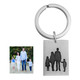 Silhouette of a family photo, etched on a on a silver key ring, shown on white, with original photo used to personalize it
