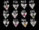 Sculpted Hearts Birthstone Charms in fine silver, showing all months