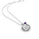 Gift for your favorite teacher - a fine silver necklace with the hand stamped  message, "Teach Inspire Love", with amethyst stone, shown from the side on white 