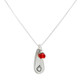 Thank you teacher gift. A  silver chain necklace with a teardrop shiny pewter charm and a red faceted birthstone representing an apple. Shown close up on white