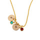 Custom Hand Stamped Gold initial birthstone necklace, personalized with 2 charms with child's initials & birthstones, shown on white