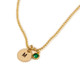 Custom Hand Stamped Gold initial birthstone necklace, personalized with child's initial & green birthstone, shown on white