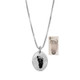 Wide view of fine silver custom handprint charm necklace, with original footprint used to personalize it, shown on white