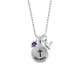 Custom silver necklace for first communion, stamped with the name "Harper", with silver heart charm and purple birthstone, shown on white