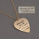 Custom memorial gold guitar pick necklace with handwritten not from Grampa, shown on with original handwriting used to personalize the piece