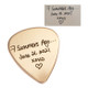 Anniversary present of gold guitar pick with spouse's actual handwriting, shown on with original handwriting used to personalize the pick