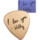Custom gold guitar pick with your actual handwriting, shown on with original handwriting used to personalize the piece