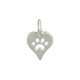 Silver heart charm with paw shape cut out of the middle, shown on white