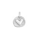 handmade silver heart charm, with optional hand stamping on back, shown close up on white