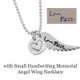 Handmade silver heart charm, shown with Memorial Silver Handwriting Angel Wing Necklace