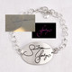 Large silver oval handwriting bracelet shown with the actual handwritten signature used to personalize the bracelet