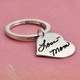 Custom Handwriting Heart silver Key Ring, personalized with handwritten Love Mom, shown from the side