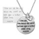 Custom silver handwriting necklace personalized with a handwritten love note from spouse, with a silver disc with silver heart hung on a silver ball chain, shown with original writing