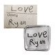Handwriting on fine pewter pocket charm showing original handwriting sample and charm created from it