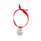 Full view of front of custom fine pewter Cross Ornament, featuring a raised cross on a hand sculpted oval, hung on a red ribbon. Shown on a white background.