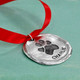 Custom fine pewter Christmas ornament, personalized with your dog or cat's pawprint, shown close up on green