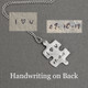 Silver Puzzle necklace with handwritten saying, shown close up, with original handwriting used to create it