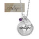Custom silver circle handwriting necklace, with a birthstone & heart charm, personalized with daughters handwriting , shown with original handwritten note