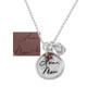 Custom silver circle handwriting necklace, with a birthstone & heart charm, personalized with mom's handwriting , shown with original handwritten note