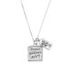 Wide view of handmade silver raised edge square pendant handwriting necklace, custom engraved with kids' handwritten signatures, and with silver family tree charm.