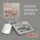 Back side of Silver Family Sculpted Raised Edge necklace with handwriting, shown from the side